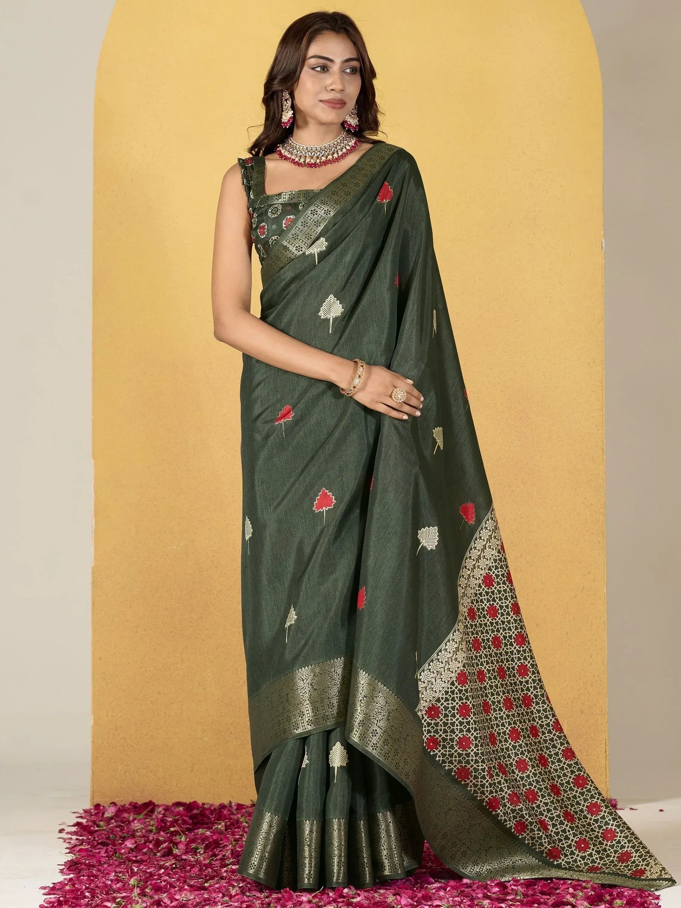 Olive green designer saree with red and gold leaf embroidery, perfect for Indian ethnic occasions
