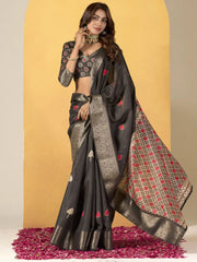Stunning Black Printed Silk Event Wear Saree With Blouse