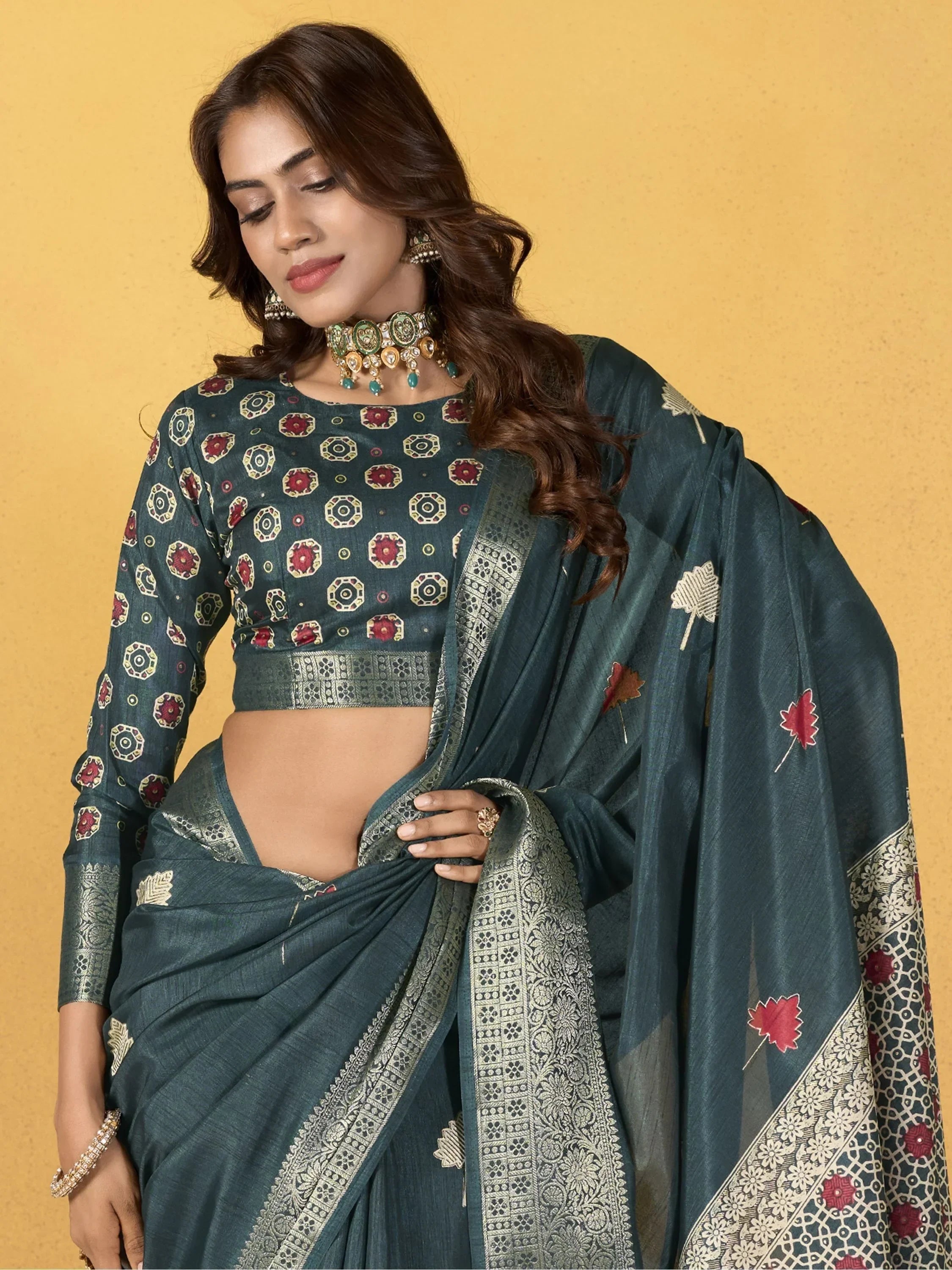 Attractive Teal Blue Printed Silk Festival Wear Saree With Blouse