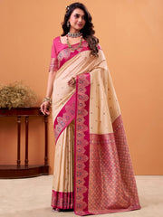 Stylish Cream Zari Weaving Silk Function Wear Saree With Blouse