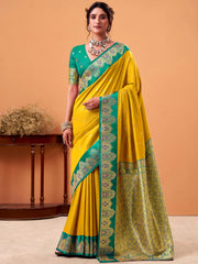 Dazzling Yellow Zari Weaving Silk Haldi Wear Saree With Blouse