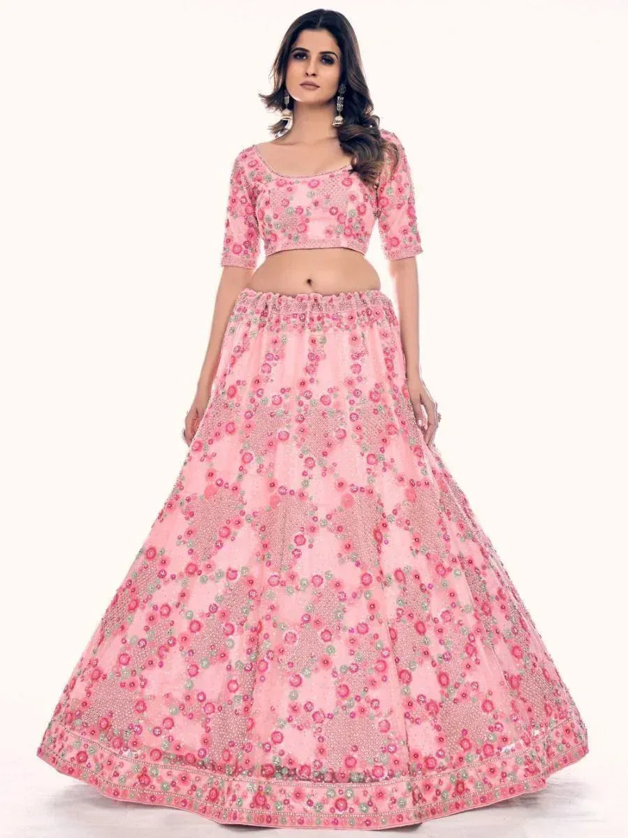 Pink floral embroidered lehenga choli with net skirt, perfect for Indian ethnic occasions