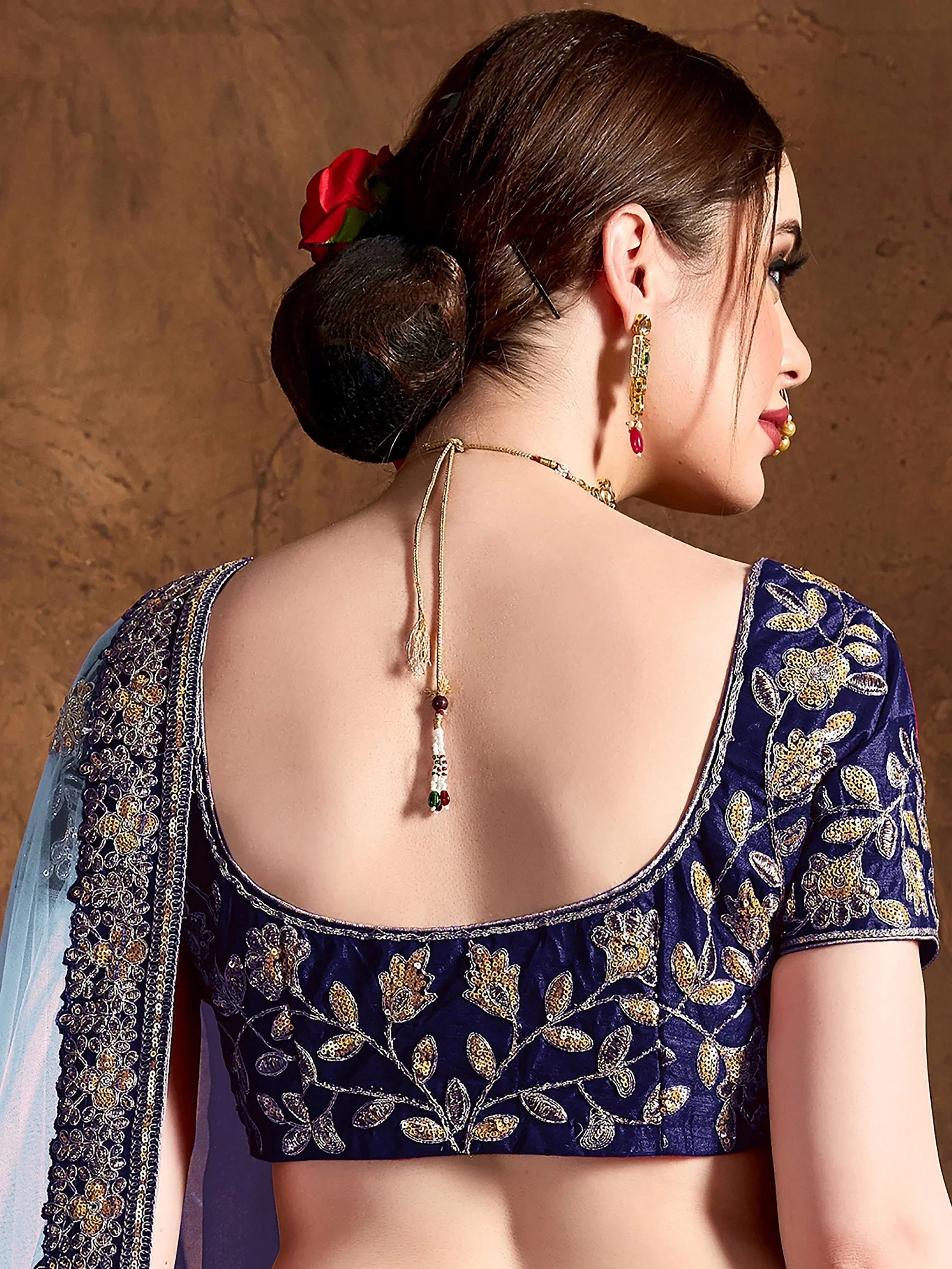 Attractive Blue Embroidered Silk Bridesmaid Plus Size Lehenga Choli