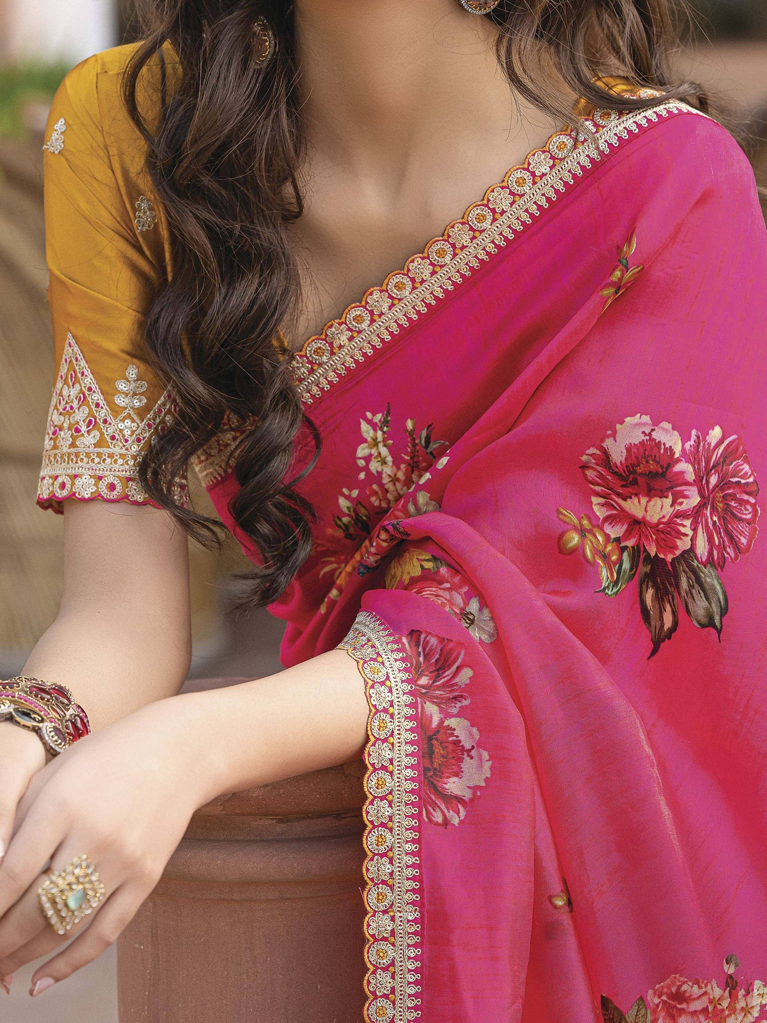 Pink floral saree with gold embroidery, paired with mustard yellow blouse, ethnic Indian wear