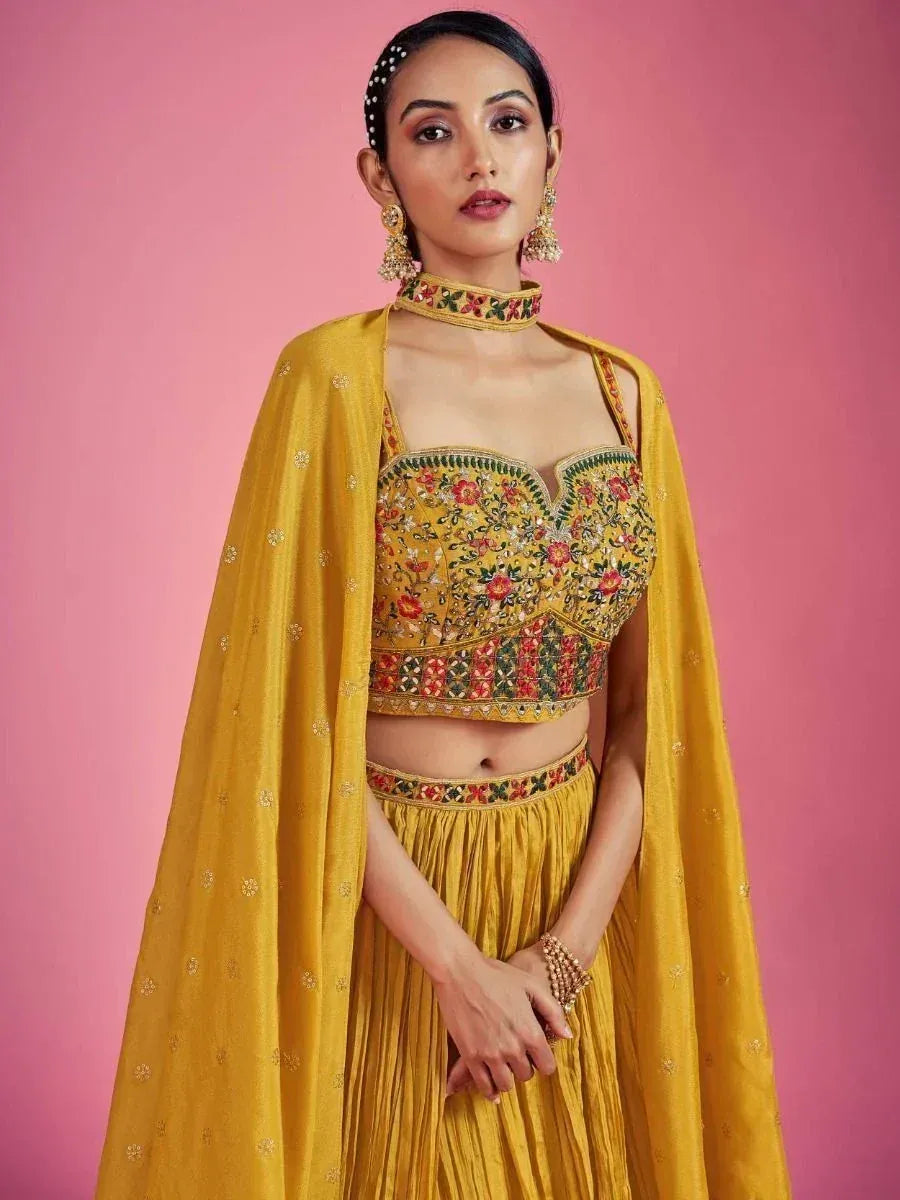 Yellow floral embroidered lehenga choli with cape, ethnic Indian wear for women