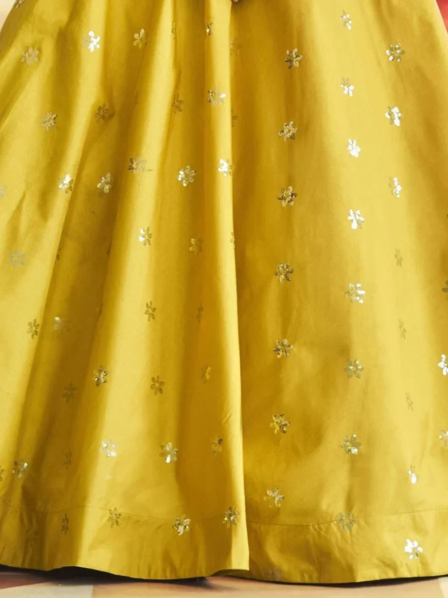 Yellow lehenga skirt with gold floral sequin embroidery, Indian ethnic wear