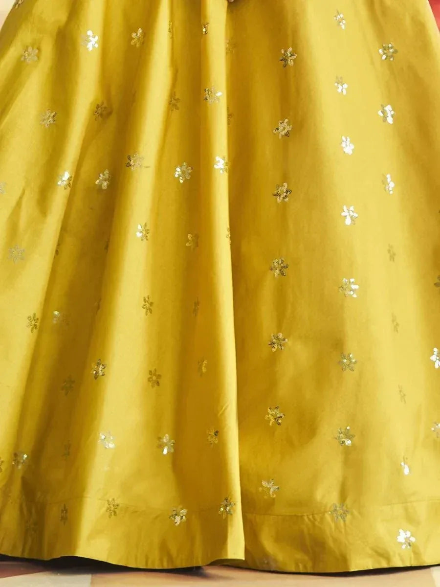 Yellow ethnic skirt with gold floral embroidery, perfect for Indian wear and festive occasions