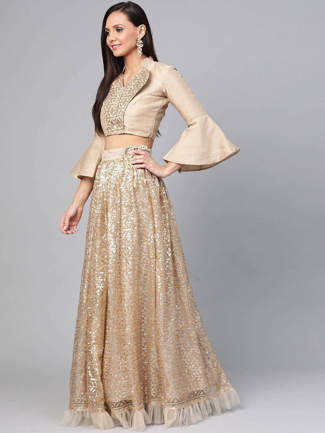 Gold sequin lehenga choli with bell sleeves, ethnic Indian wear for weddings and parties