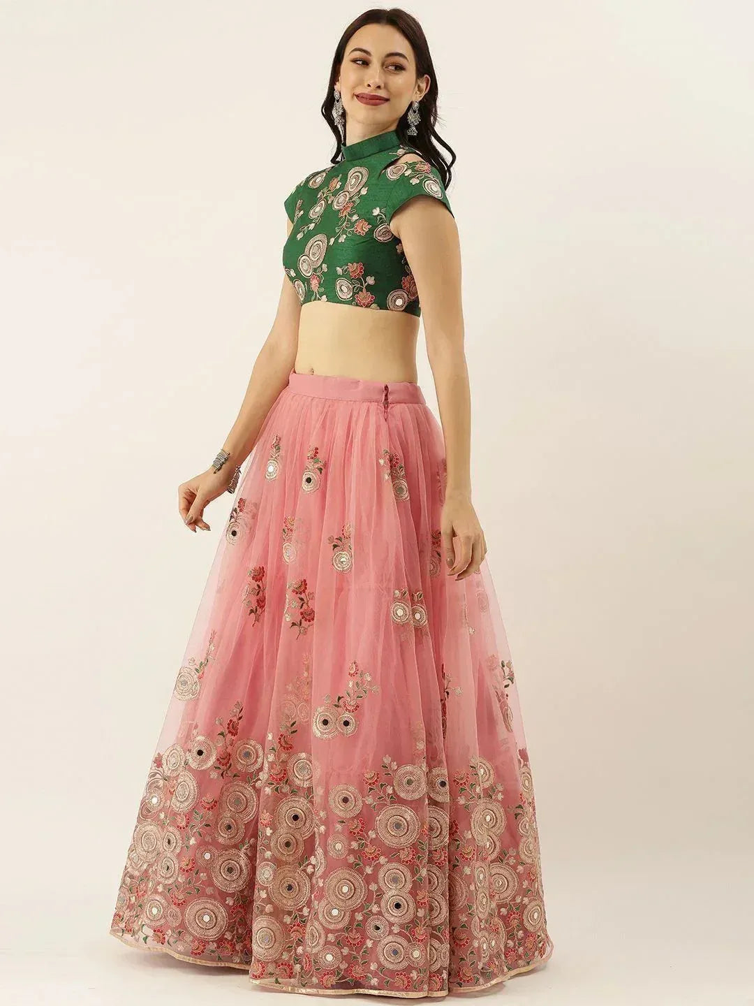 Pink embroidered lehenga with green floral crop top, Indian ethnic wear for women