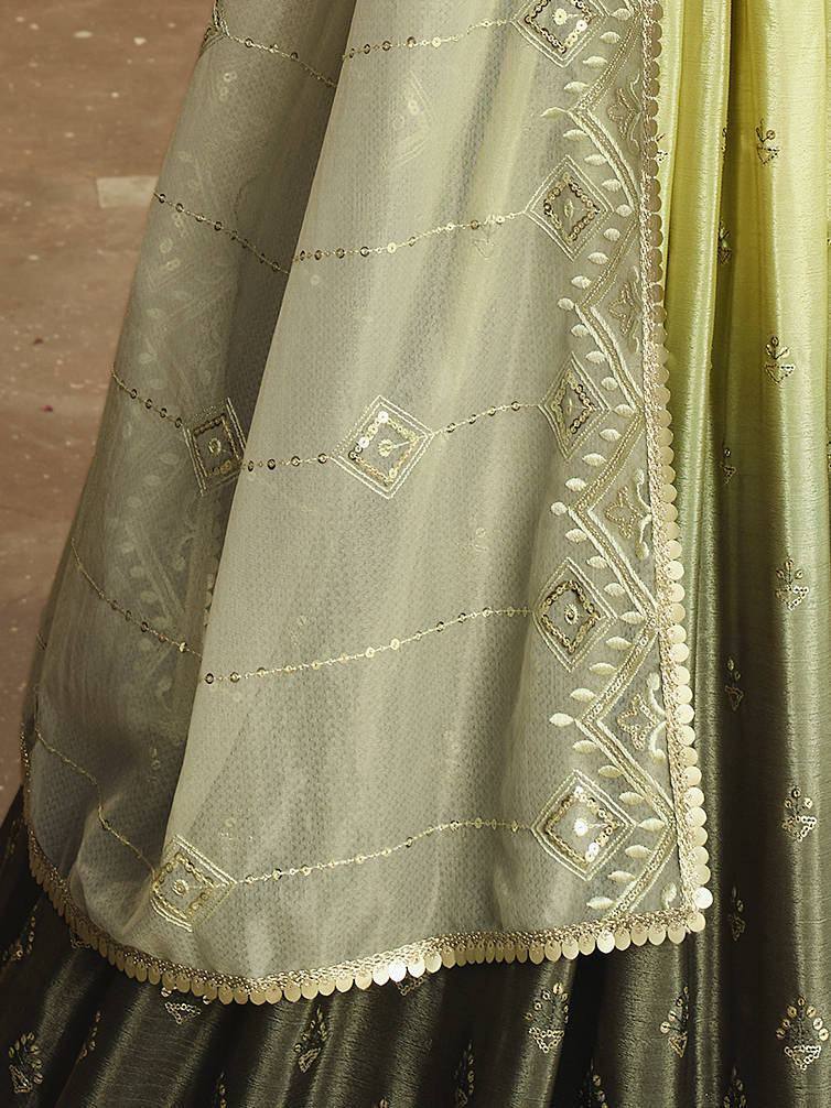 Olive green lehenga choli with gold embroidery and sequin detailing, ethnic wear for women