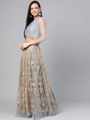 Grey & Golden Semi-Stitched Embellished Myntra Lehenga & Unstitched Blouse with Dupatta