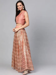 Peach-Coloured & Golden Semi-Stitched Myntra Lehenga & Unstitched Blouse with Dupatta