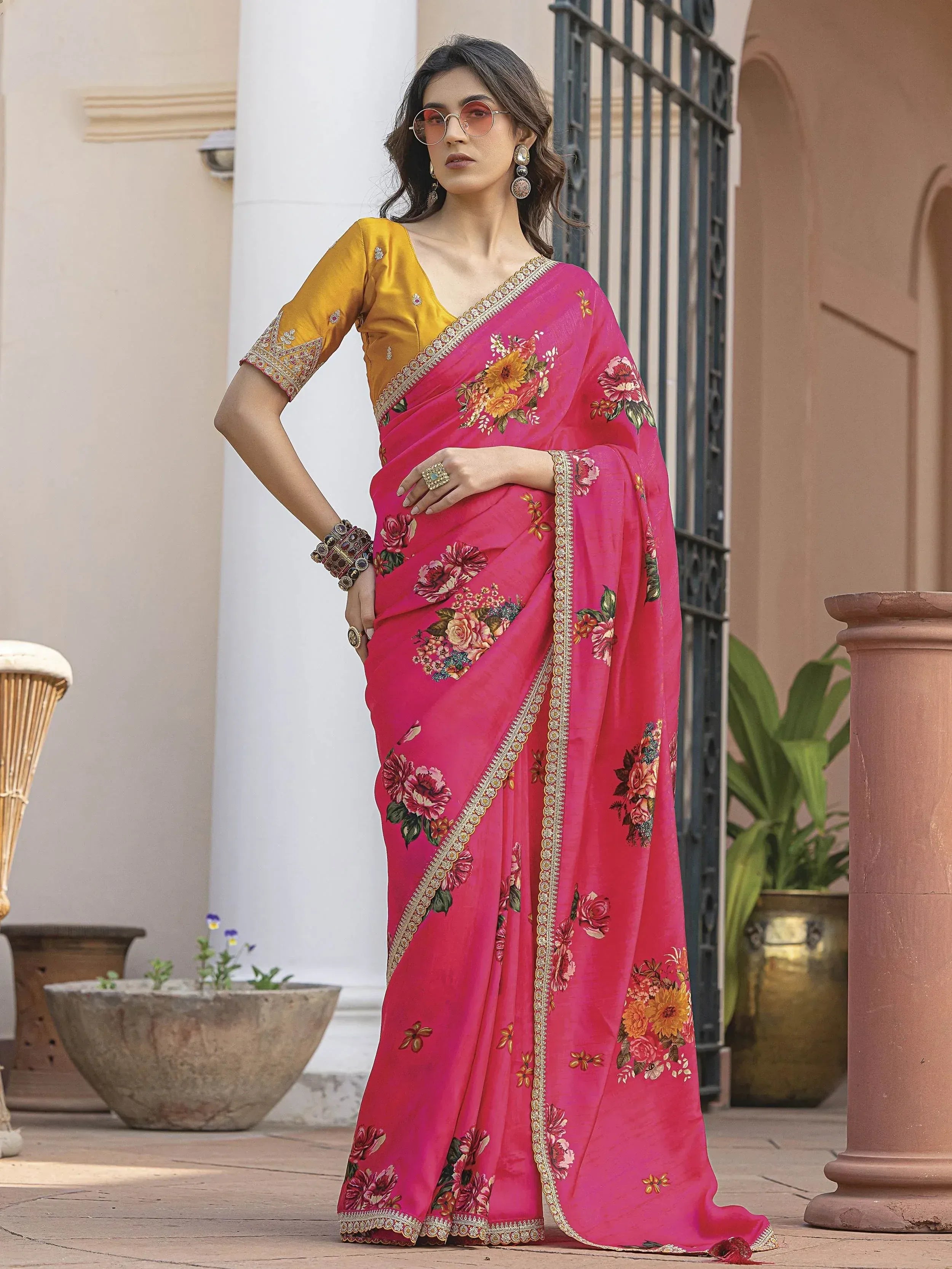 Pink floral saree with gold border and yellow blouse, Indian ethnic wear