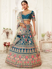 Lovely Blue Embroidered Velvet Wedding Wear Plus Size Lehenga Choli