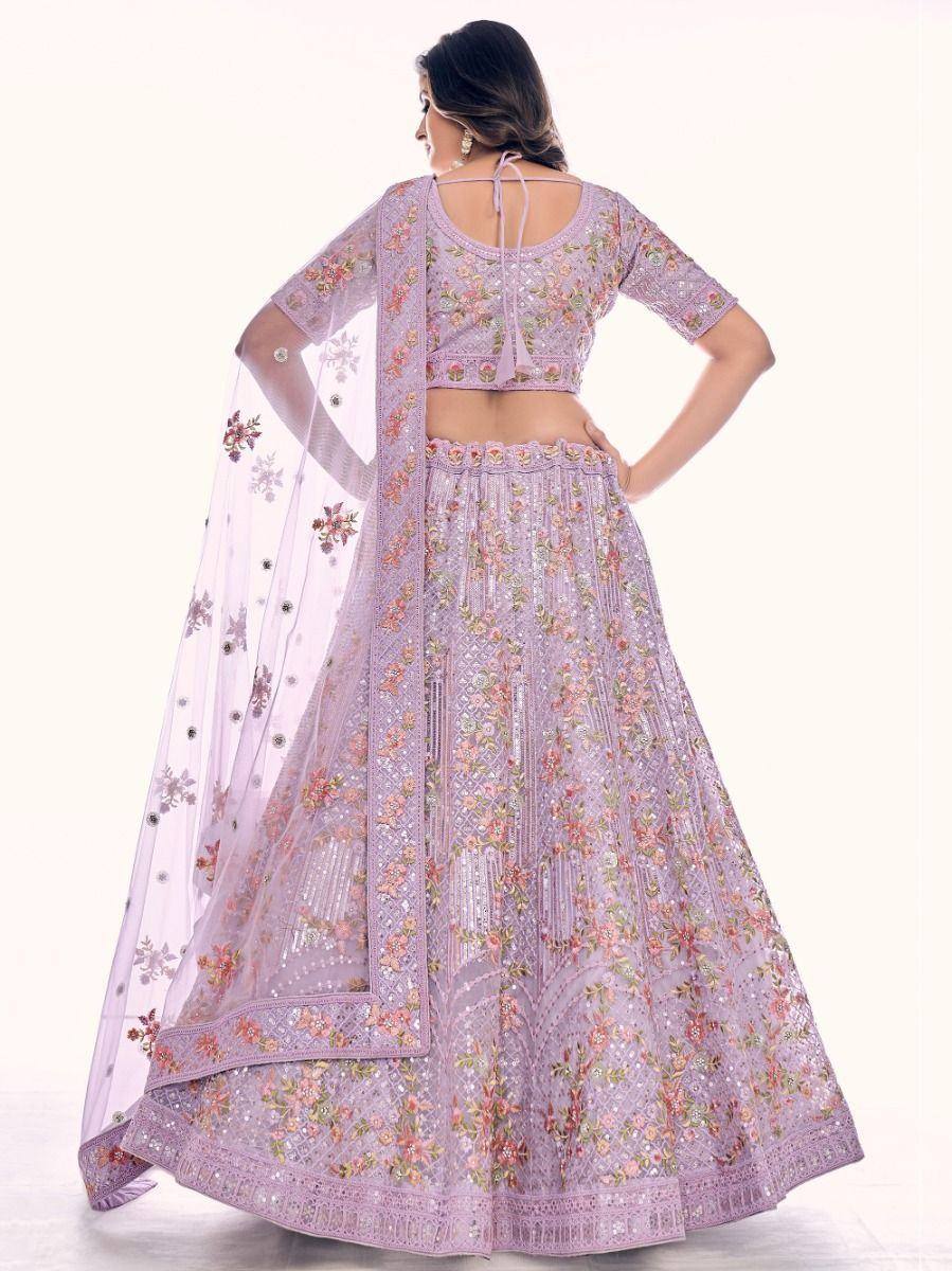 Lavender floral embroidered lehenga choli with sheer dupatta, back view
