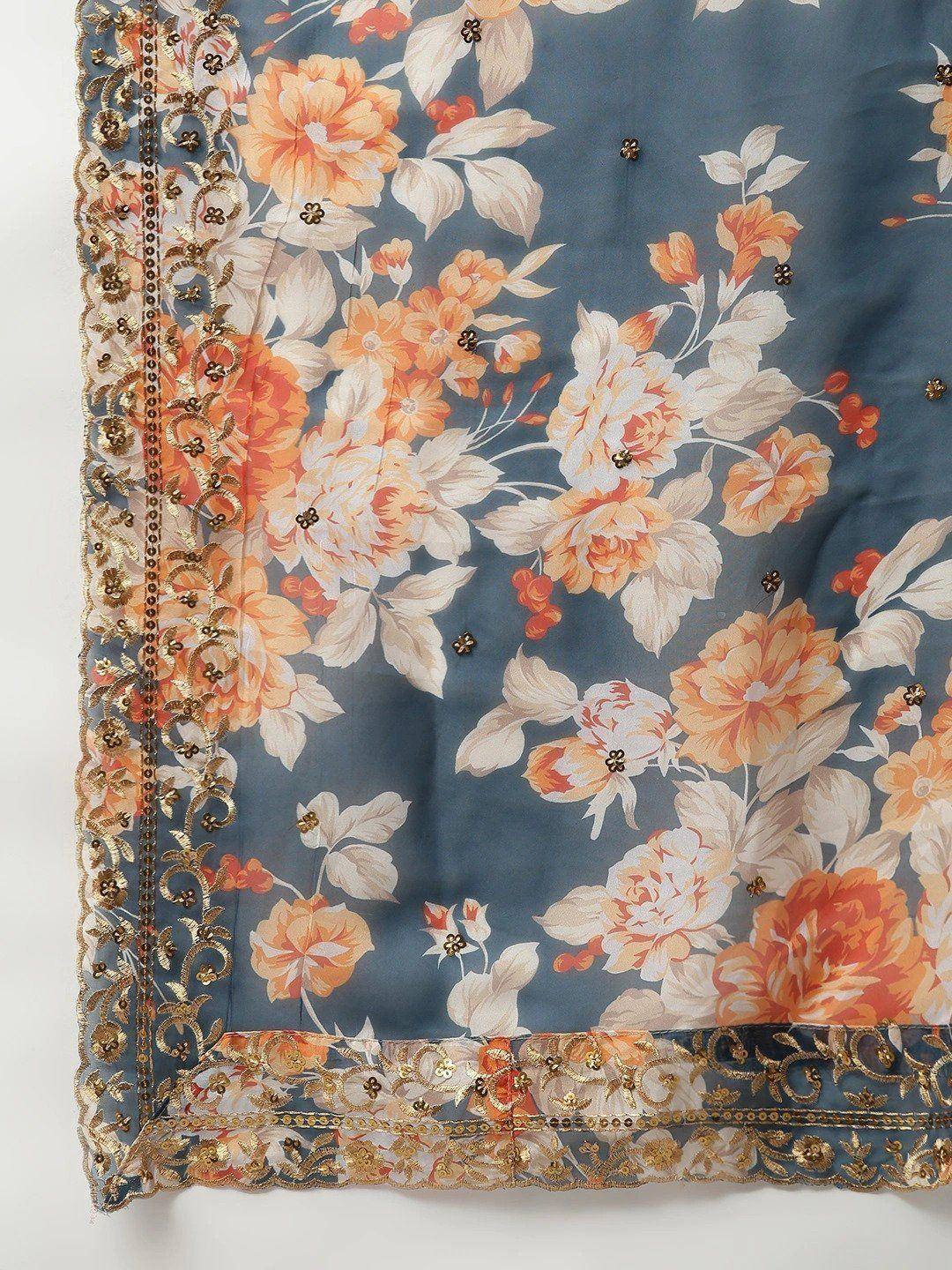 Floral printed dupatta with gold embroidery, perfect for ethnic wear and Indian outfits