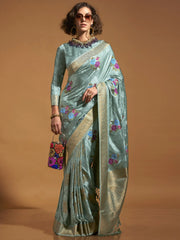 Pretty Teal Green Floral Weaving Satin Mehendi Wear Saree With Blouse