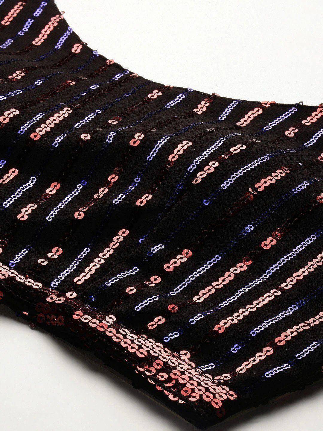Black sequin top with pink and blue striped embellishments, ethnic wear detail