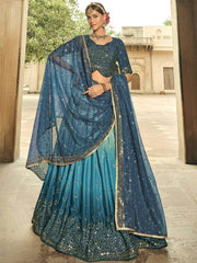 Pleasing Teal Blue Shaded Sequins Silk Lehenga With Embroidered Choli