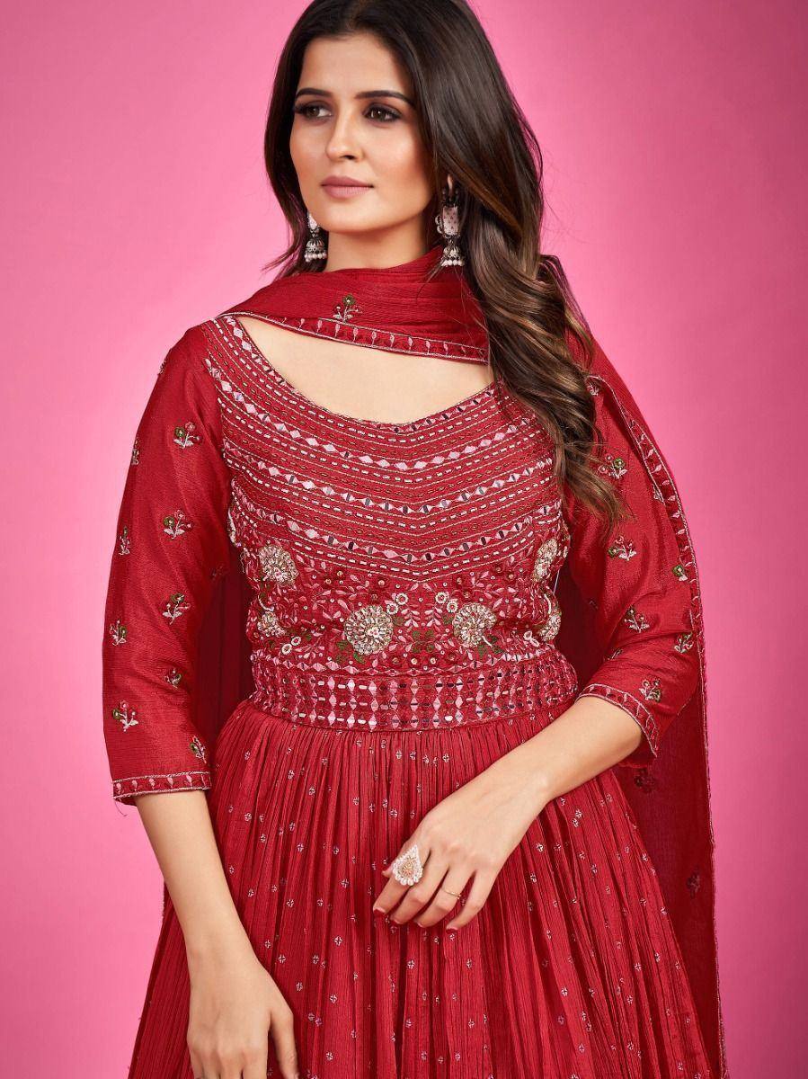 Red embroidered ethnic anarkali suit with dupatta, perfect for Indian weddings and festive occasions