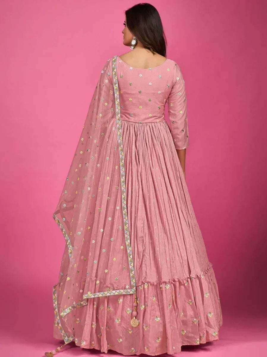 Pink embroidered anarkali suit with floral motifs and dupatta, ethnic Indian wear for women