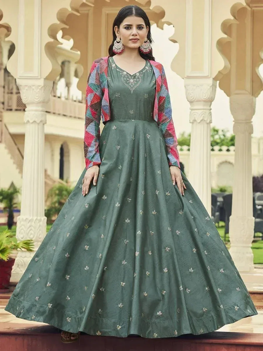 Green embroidered anarkali gown with colorful jacket, Indian ethnic wear for women