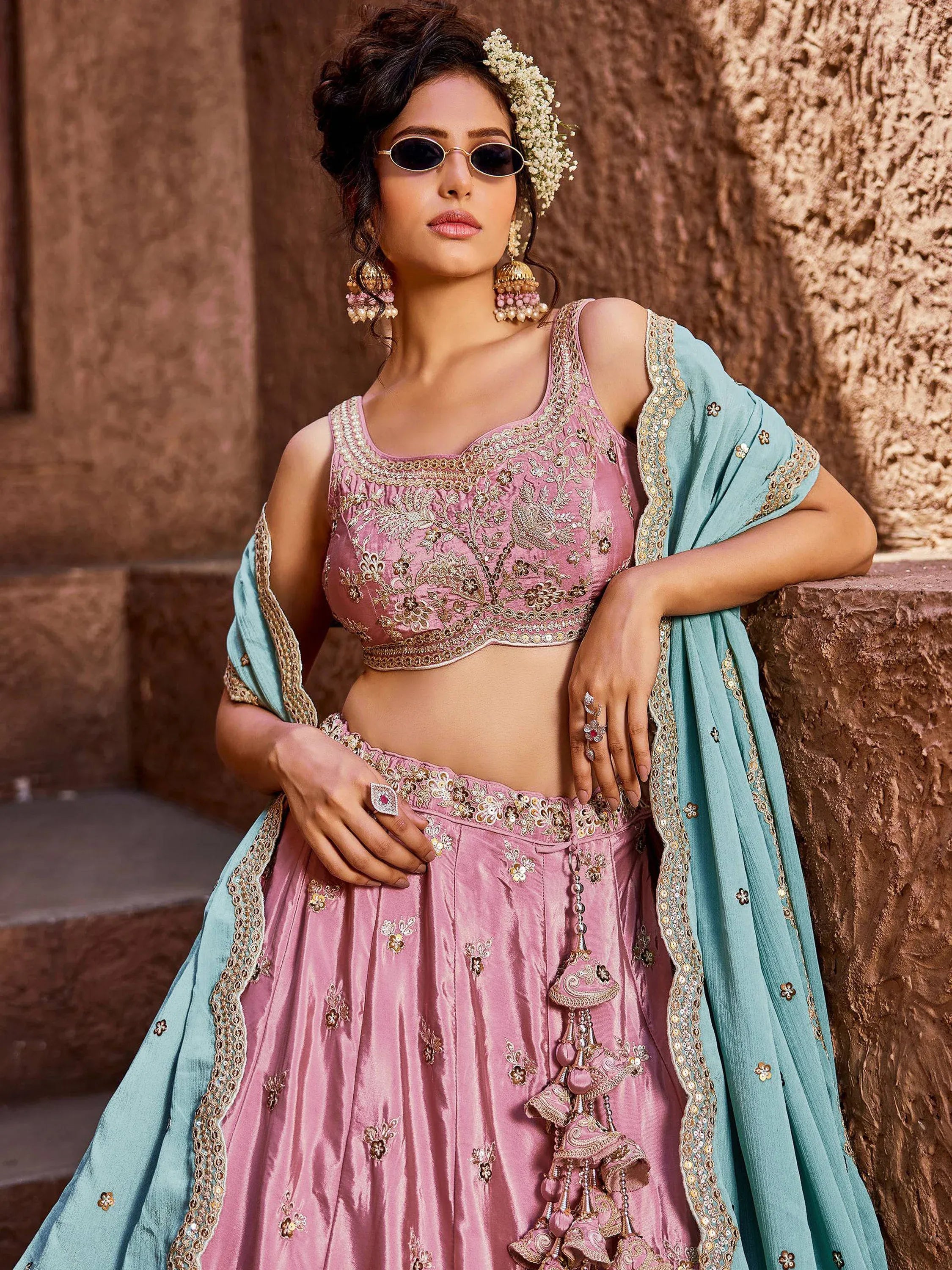 Noteworthy Pastel Pink Sequins Silk Wedding Wear Lehenga Choli