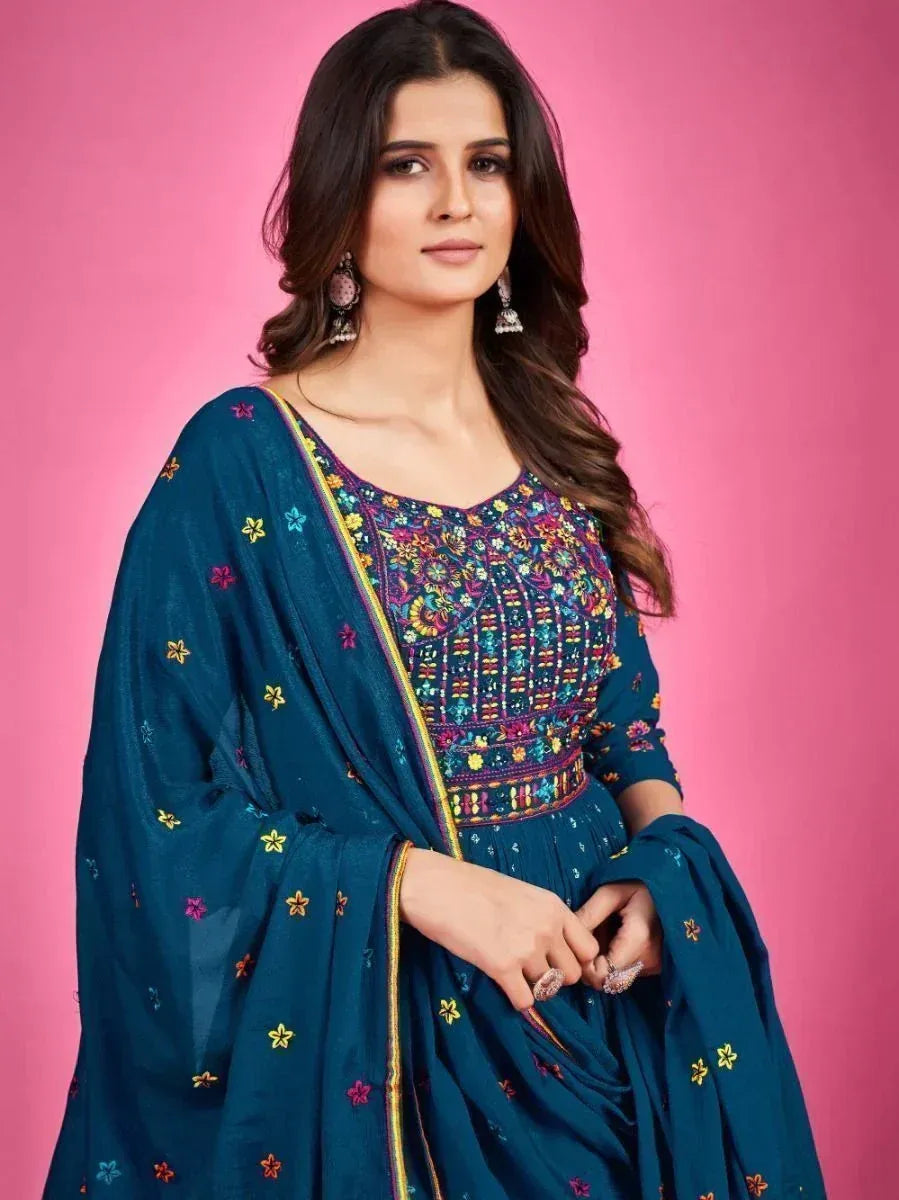 Teal embroidered salwar kameez with floral dupatta, Indian ethnic wear for women