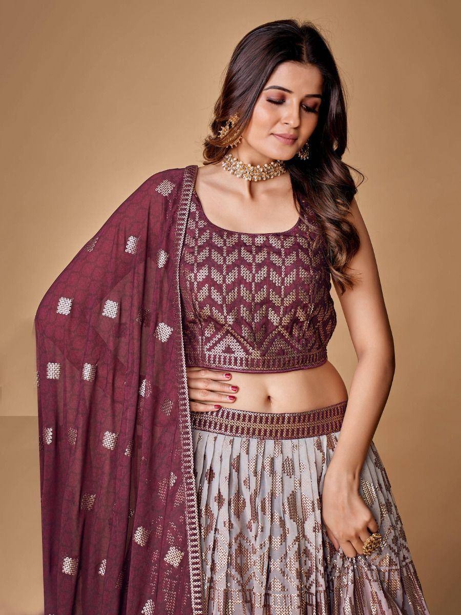Maroon and grey embroidered lehenga choli with dupatta, perfect for Indian ethnic wear occasions