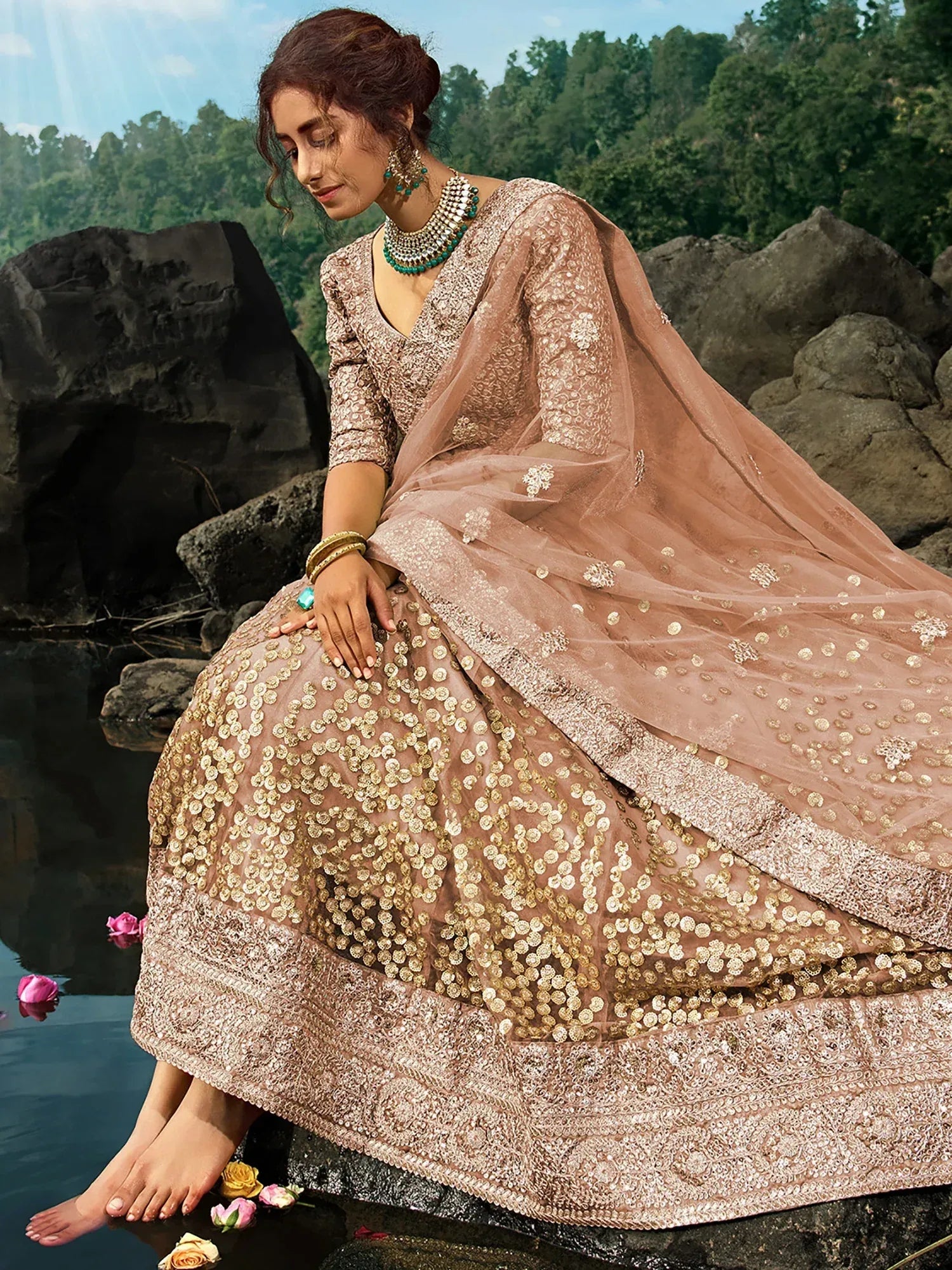 Fabulous Brown Sequins Net Wedding Wear Plus Size Lehenga Choli