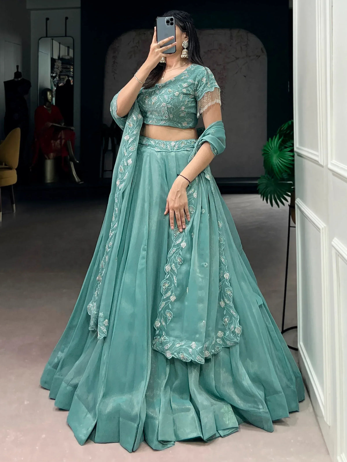 Stunning Sea Green Bead Work Organza Mehendi Wear Lehenga With Blouse