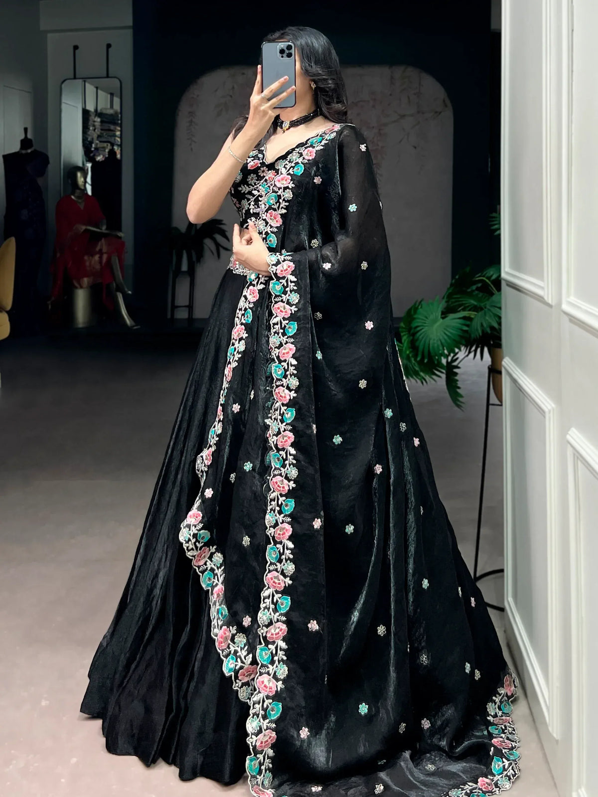 Classy Black Thread Work Organza Festive Wear Lehenga Choli