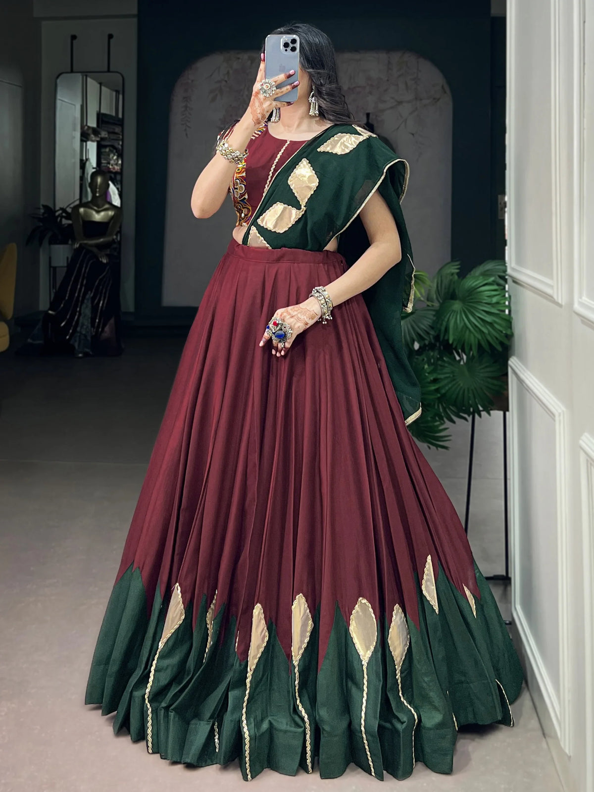 Royal Maroon Patch Work Chinon Navratri Wear Lehenga Choli With Dupatta