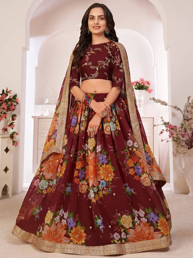 Captivating Maroon Digital Printed Georgette Wedding Wear Lehenga Choli