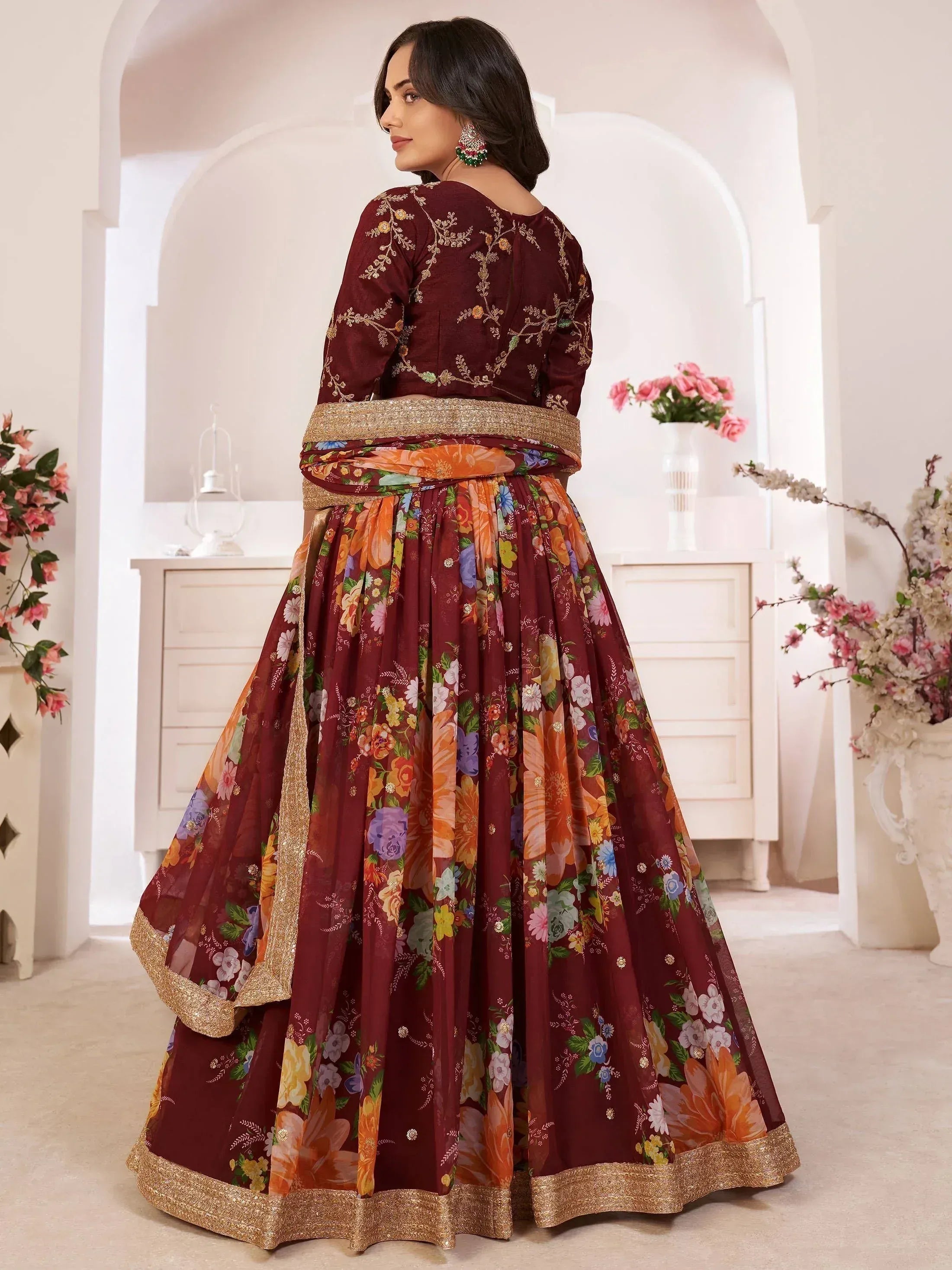 Maroon floral print lehenga choli with gold embroidery, perfect for Indian ethnic wear occasions