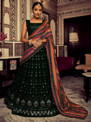 Captivating Bottle Green Thread Work Georgette Lehenga Choli With Dupatta