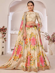 Fascinating Cream Digital Printed Georgette Wedding Wear Lehenga Choli