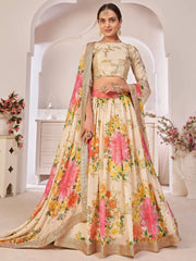 Fascinating Cream Digital Printed Georgette Wedding Wear Lehenga Choli
