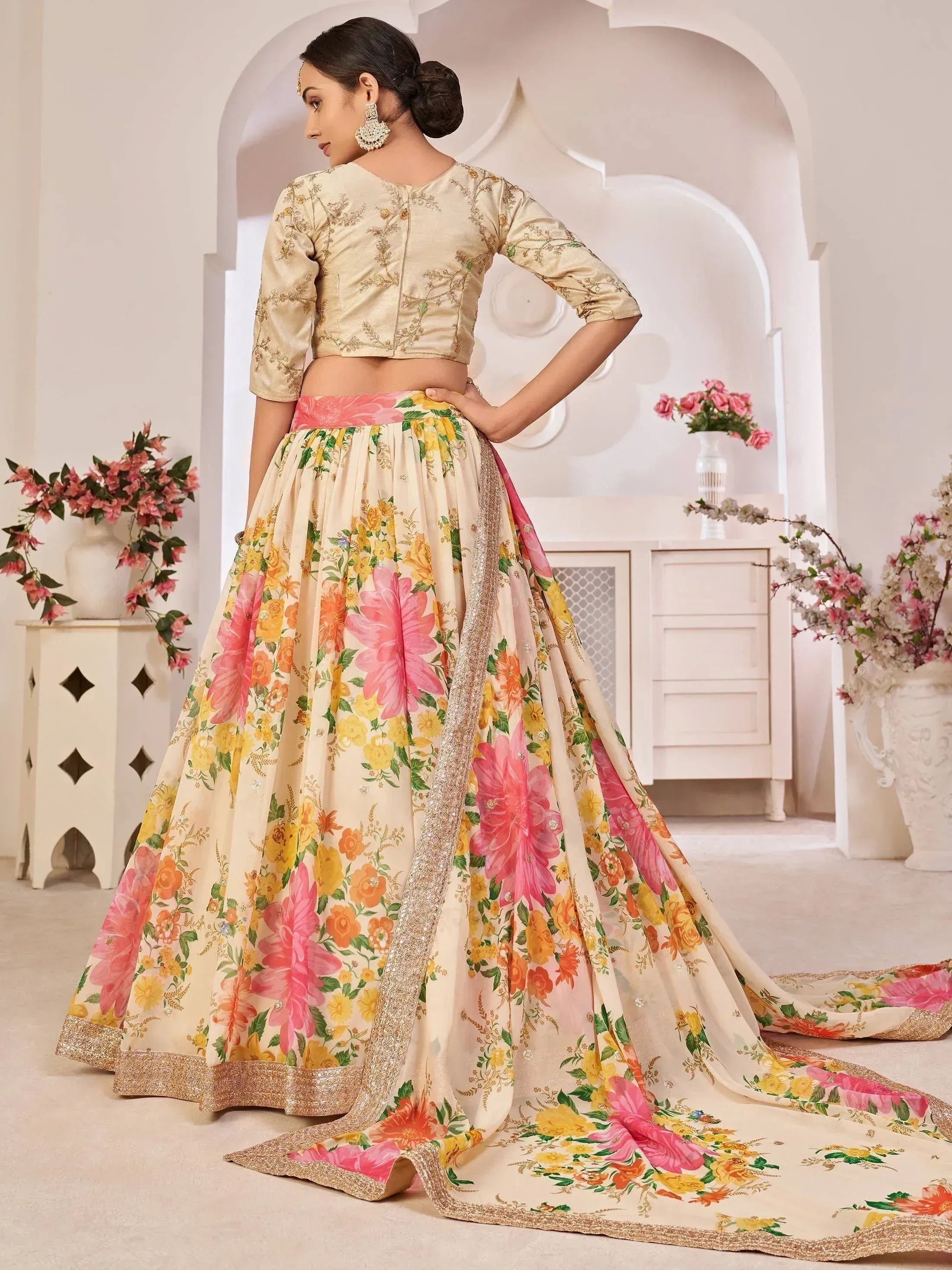 Floral print lehenga choli with gold embroidery, perfect for Indian ethnic wear and festive occasions