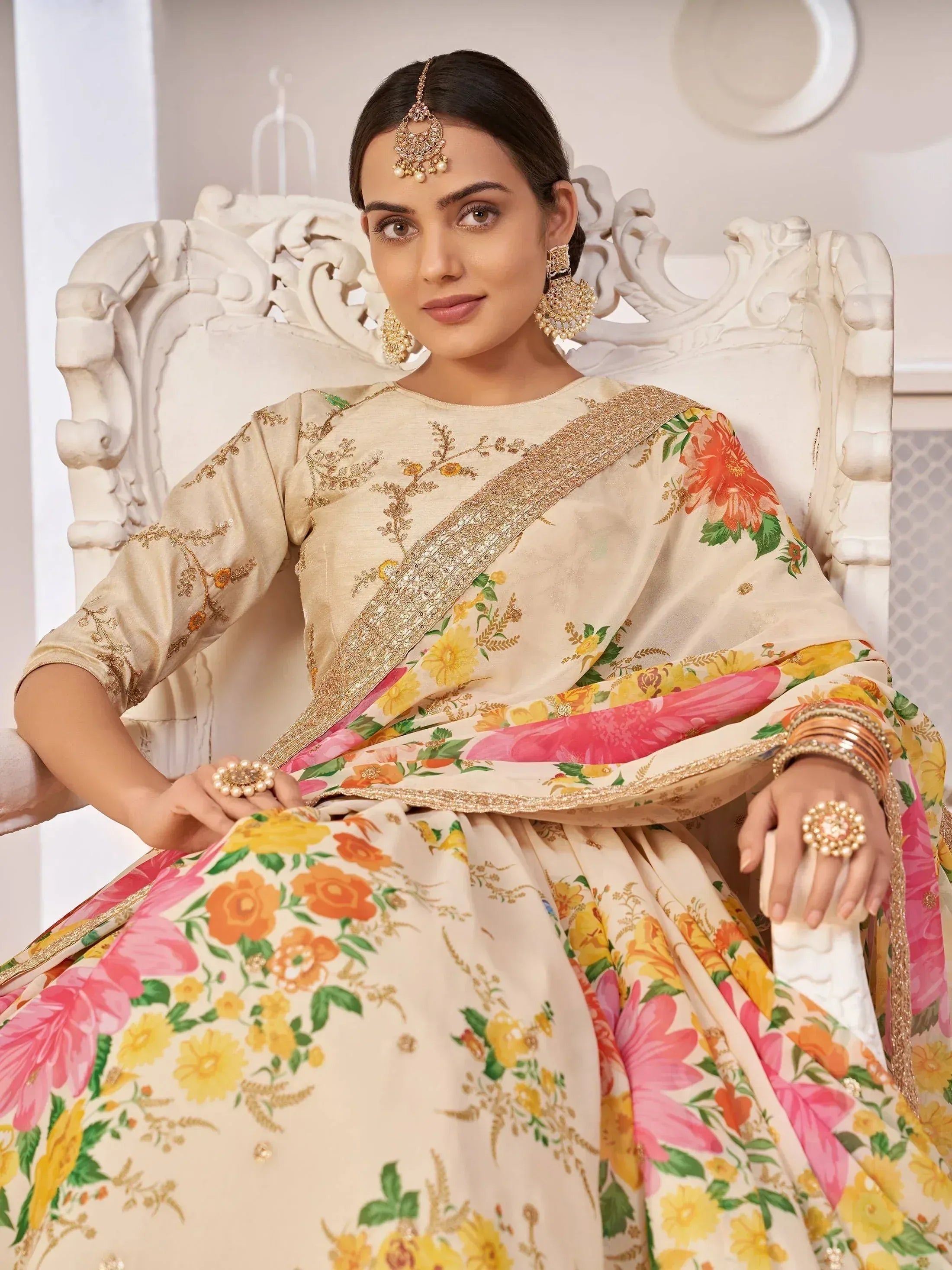 Floral printed designer lehenga choli with gold embroidery, perfect for Indian ethnic wear occasions