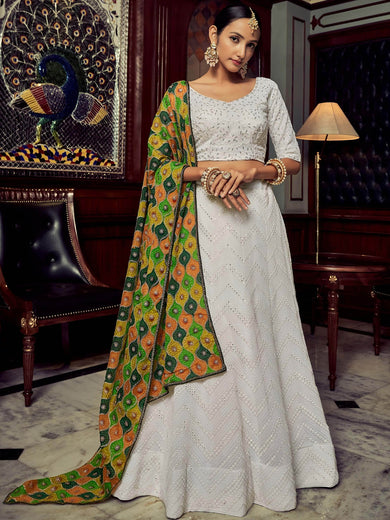 Wonderful White Sequins Georgette Sangeet Wear Lehenga Choli With Dupatta