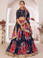 Enchanting Navy Blue Digital Printed Georgette Wedding Wear Lehenga Choli