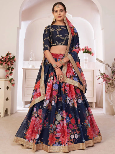 Enchanting Navy Blue Digital Printed Georgette Wedding Wear Lehenga Choli