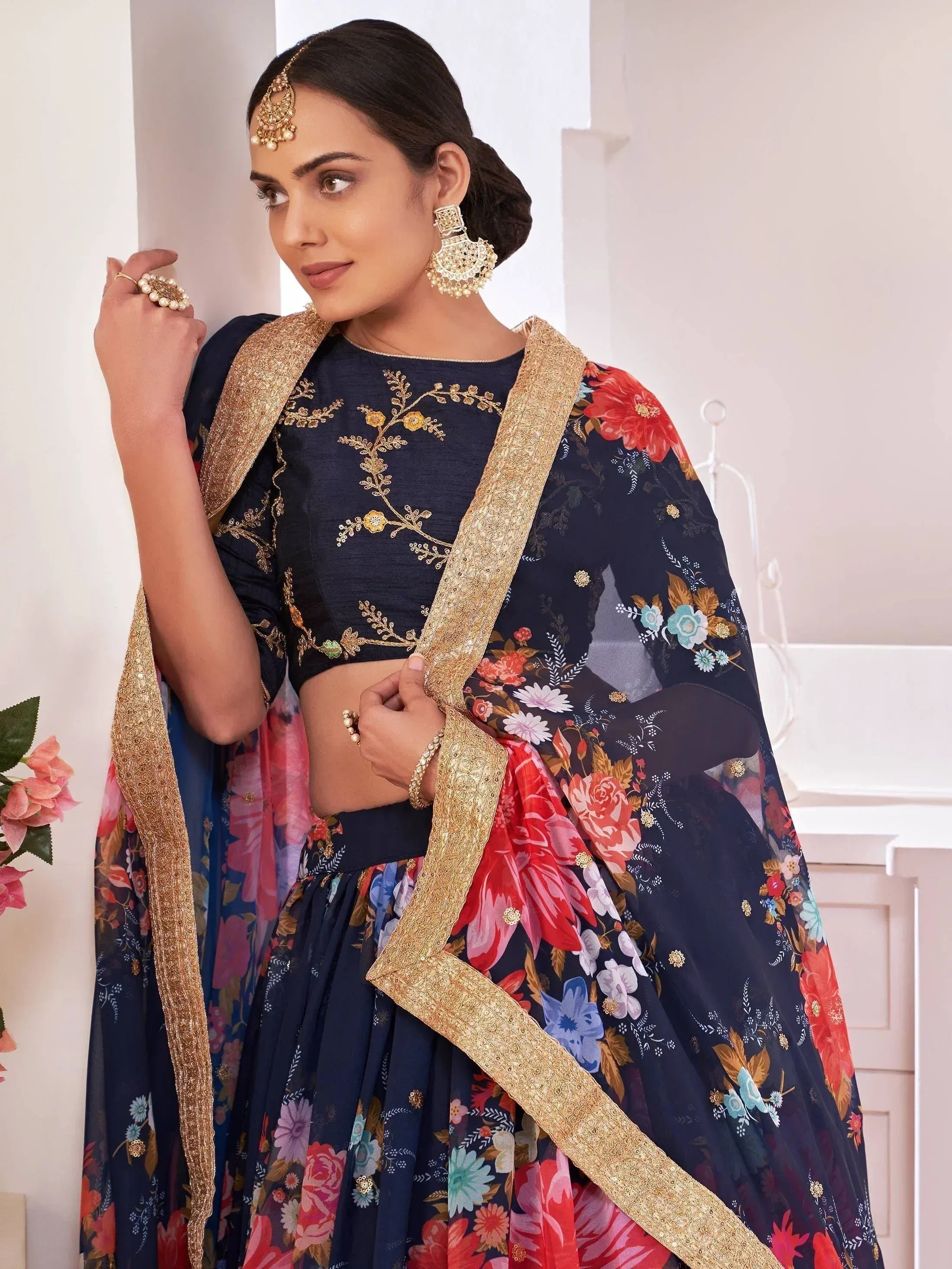 Navy blue floral lehenga choli with gold embroidery and dupatta, Indian ethnic wear