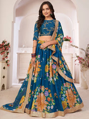 Beautiful Rama Blue Digital Printed Georgette Wedding Wear Lehenga Choli
