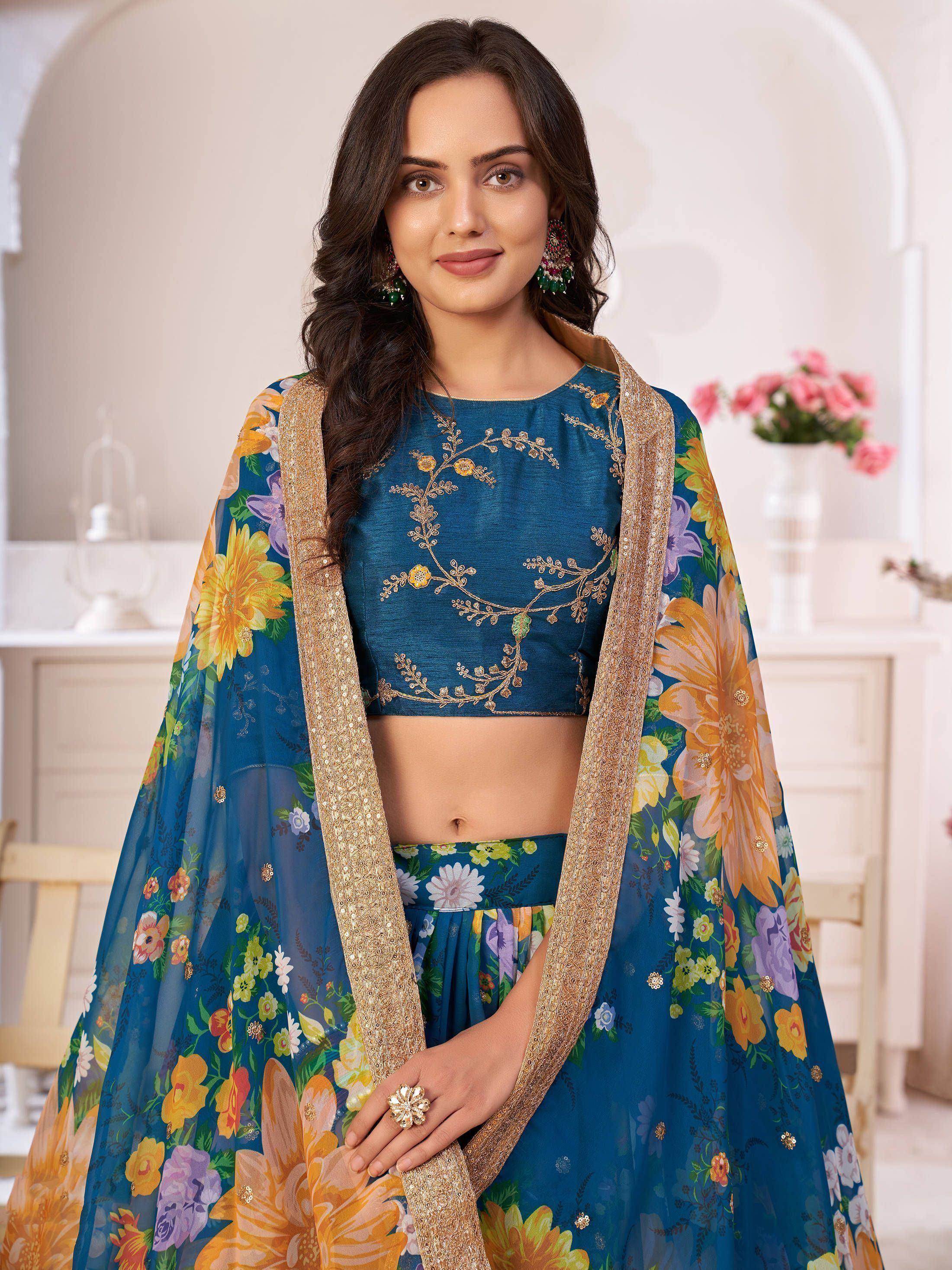 Blue floral lehenga choli with gold embroidery and dupatta, Indian ethnic wear for women