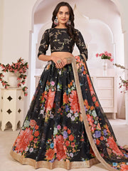 Superb Black Digital Printed Georgette Wedding Wear Lehenga Choli