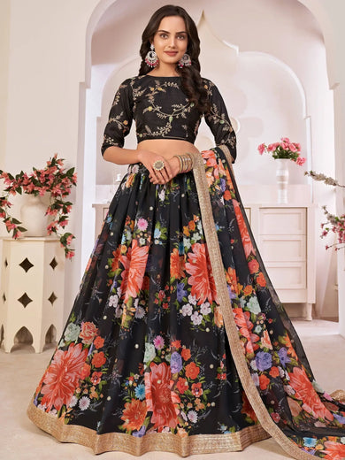 Superb Black Digital Printed Georgette Wedding Wear Lehenga Choli