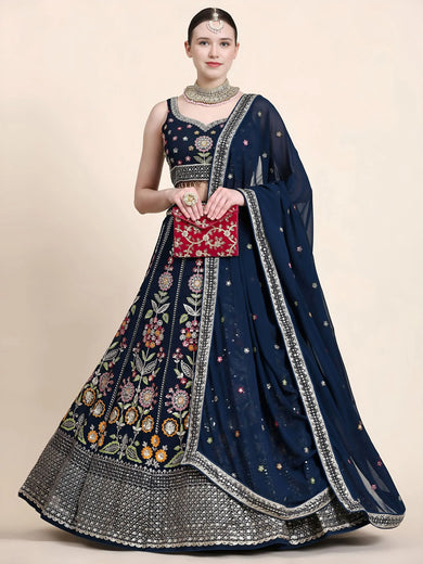 Outstanding Navy Blue Floral Embroidered Georgette Sangeet Wear Lehenga Choli
