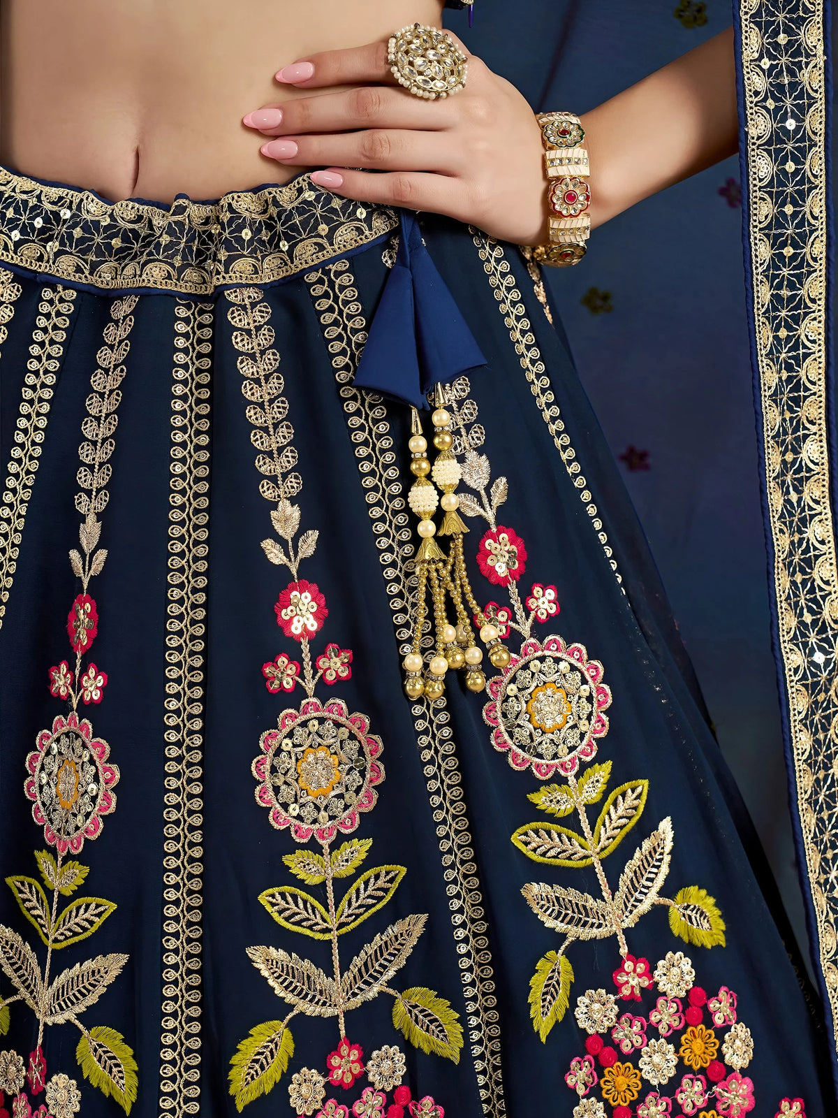 Fantastic Navy Blue Zari Work Georgette Wedding Wear Lehenga Choli